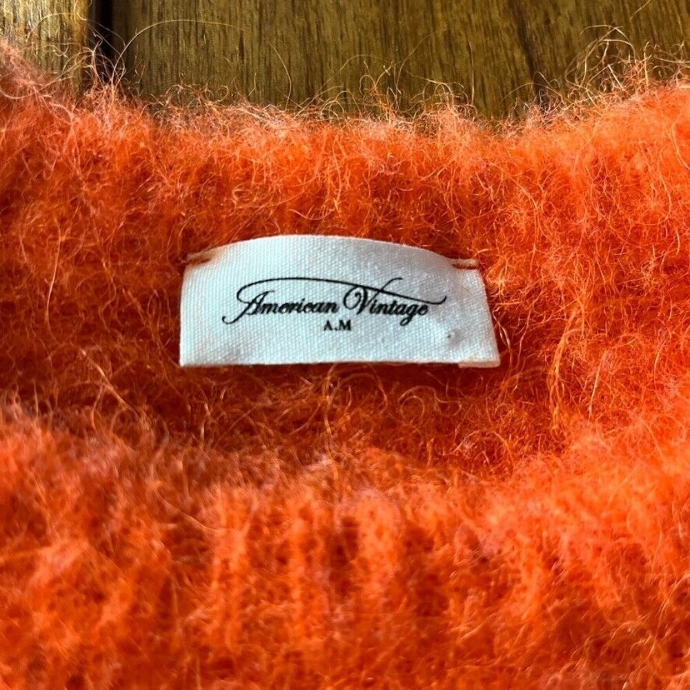 American Vintage Womens Neon Orange Fluffy Alpaca Blend Cropped Sweater Sz S - Picture 3 of 9